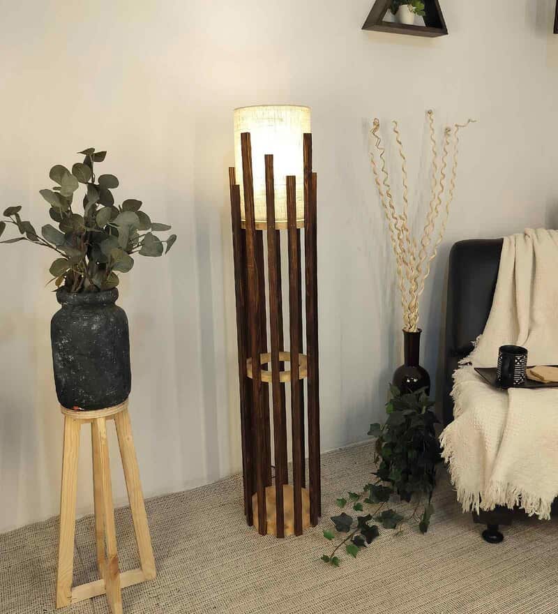Bastian Wooden Floor Lamp with Jute Shade & Brown Base