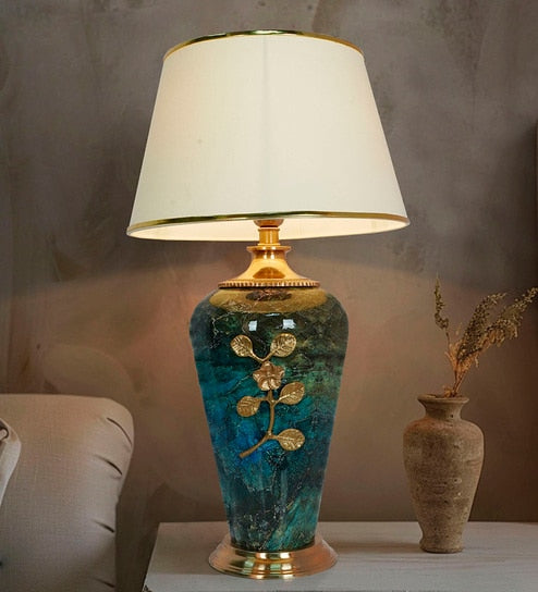 Fos Lighting Green Marble Effect Table Lamp with Off-White Tapered Shade