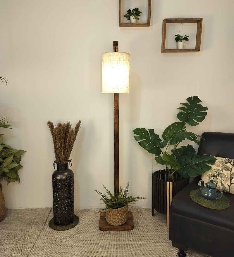Elementary Wooden Shelf Floor Lamp with Jute Shade and Brown Base