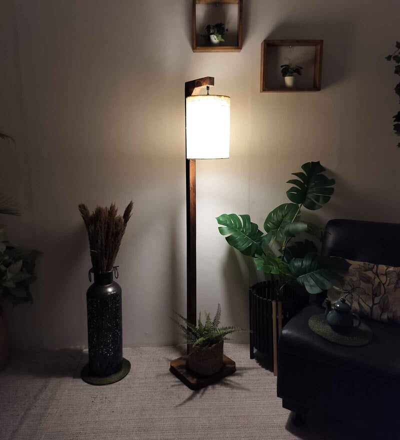 Elementary Wooden Shelf Floor Lamp with Jute Shade and Brown Base