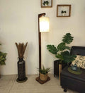 Elementary Wooden Shelf Floor Lamp with Jute Shade and Brown Base