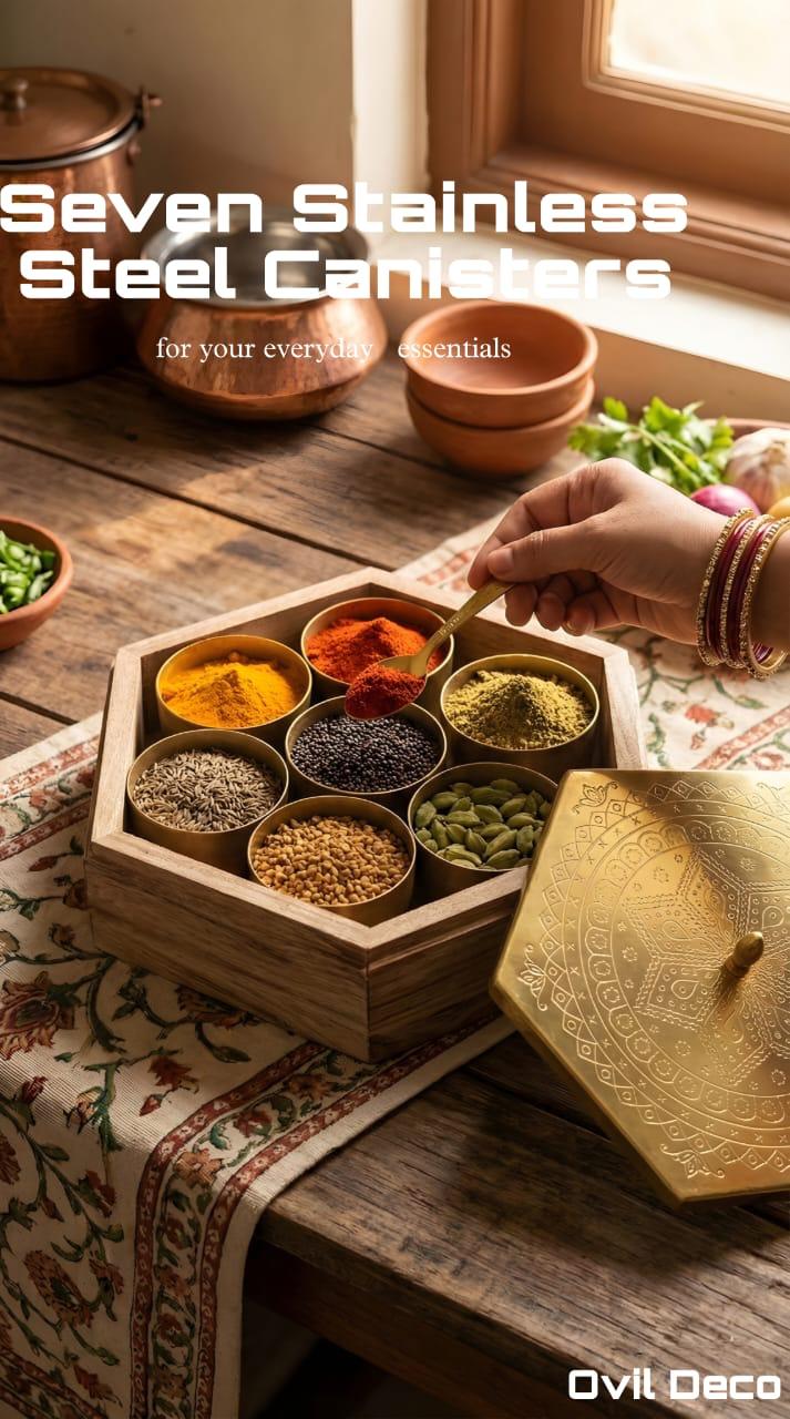 Wooden Masala Box with Engraved Lid | Handcrafted Hexagonal Spice Box for Indian Kitchen | Premium Masala Dabba for Dry Spices & Condiments