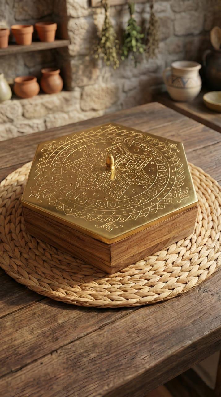 Wooden Masala Box with Engraved Lid | Handcrafted Hexagonal Spice Box for Indian Kitchen | Premium Masala Dabba for Dry Spices & Condiments