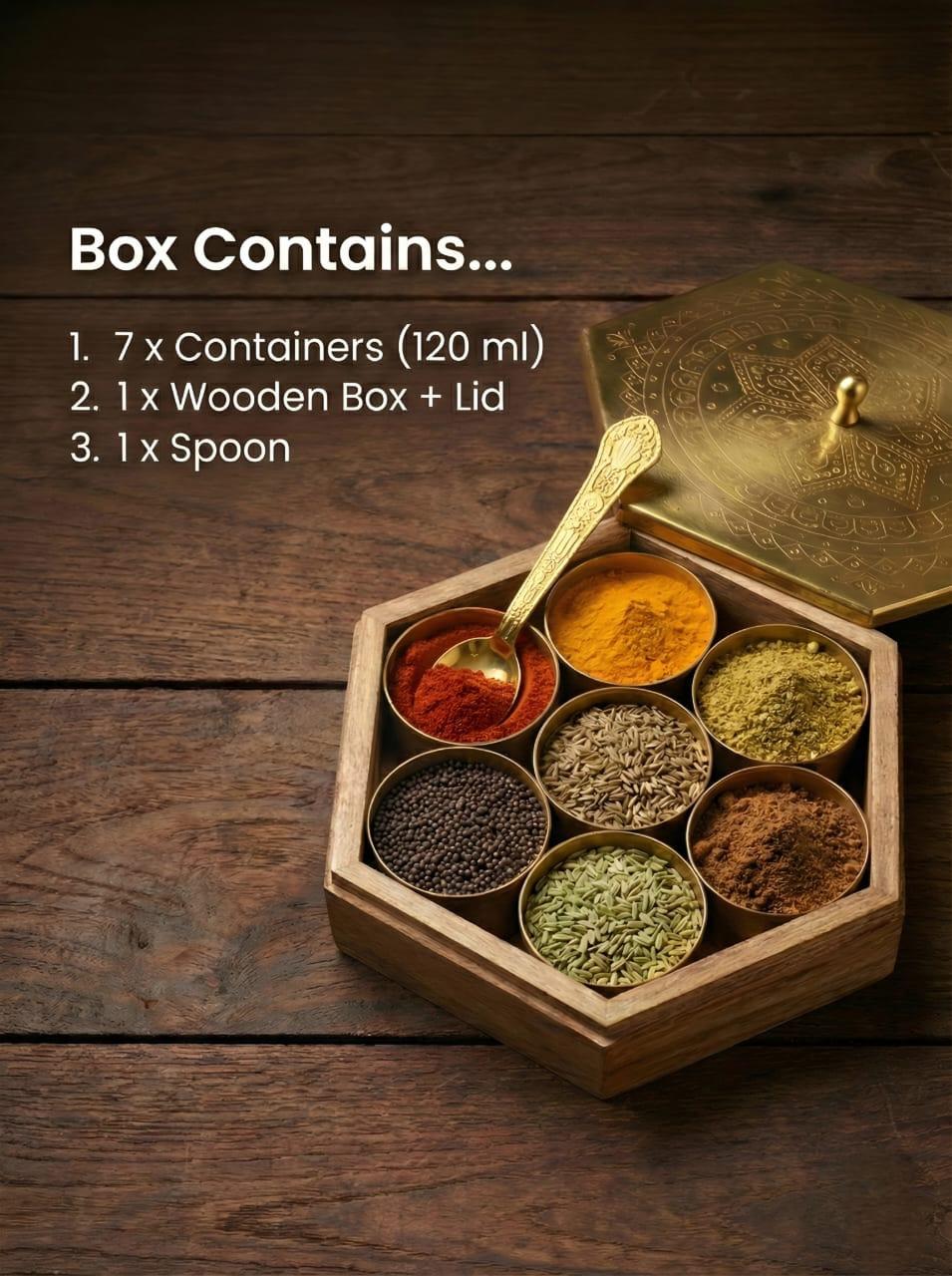 Wooden Masala Box with Engraved Lid | Handcrafted Hexagonal Spice Box for Indian Kitchen | Premium Masala Dabba for Dry Spices & Condiments