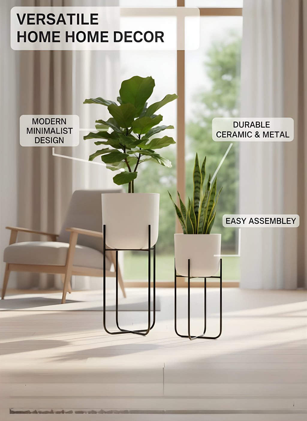 OVIL DECO Metal Planter Stand with Flower Pot & White Finish