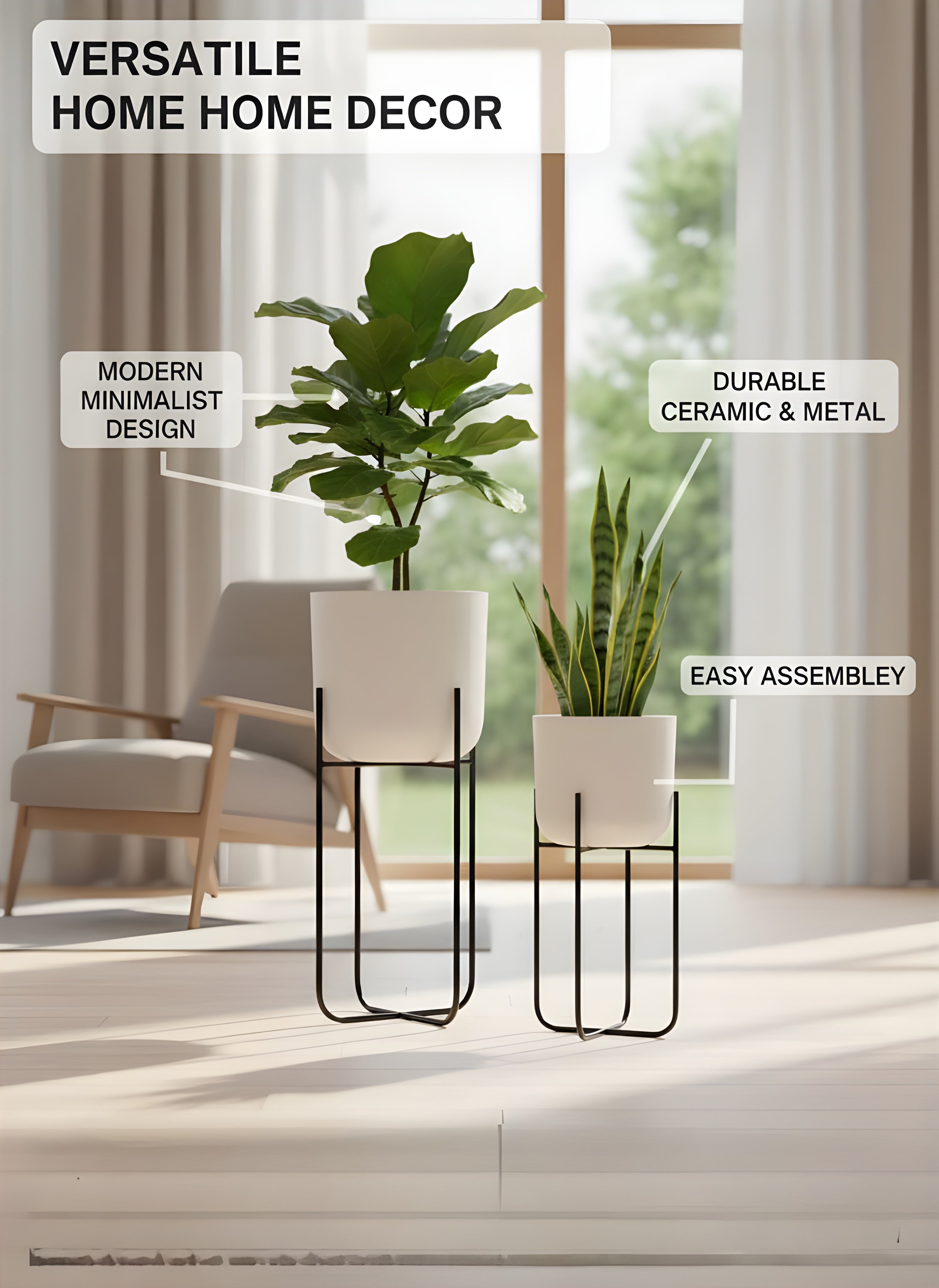 OVIL DECO Metal Planter Stand with Flower Pot & White Finish