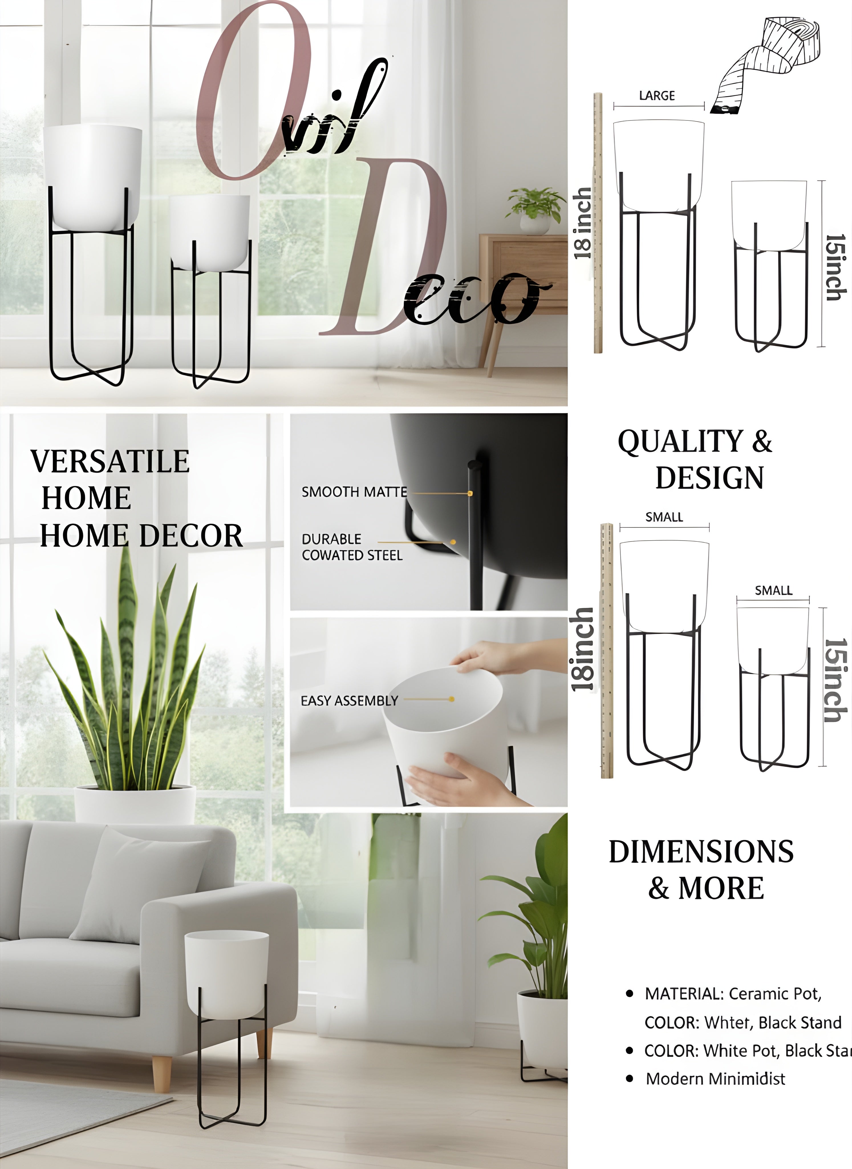 OVIL DECO Metal Planter Stand with Flower Pot & White Finish