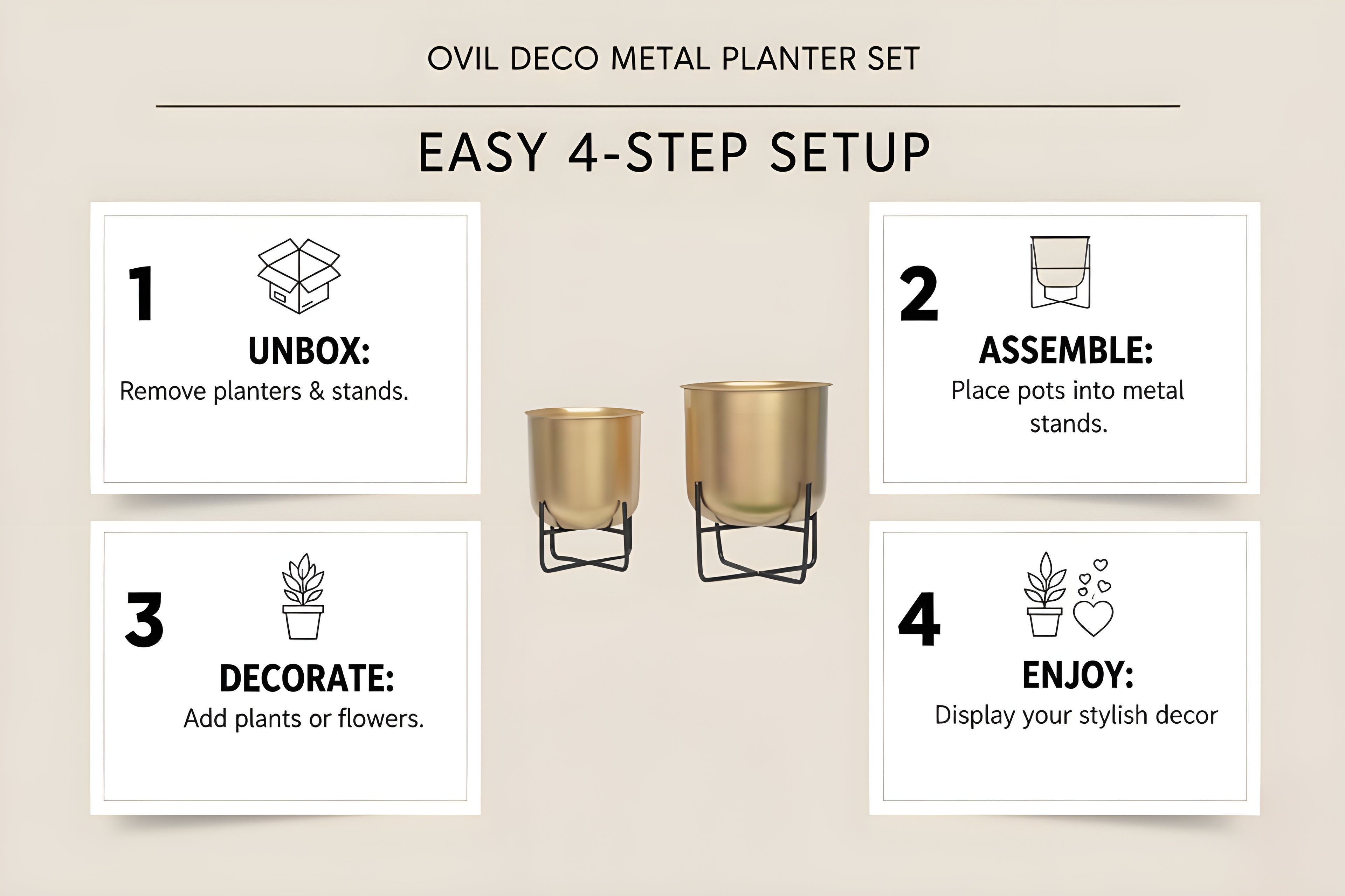 Elegant metal planter set with a modern gold finish