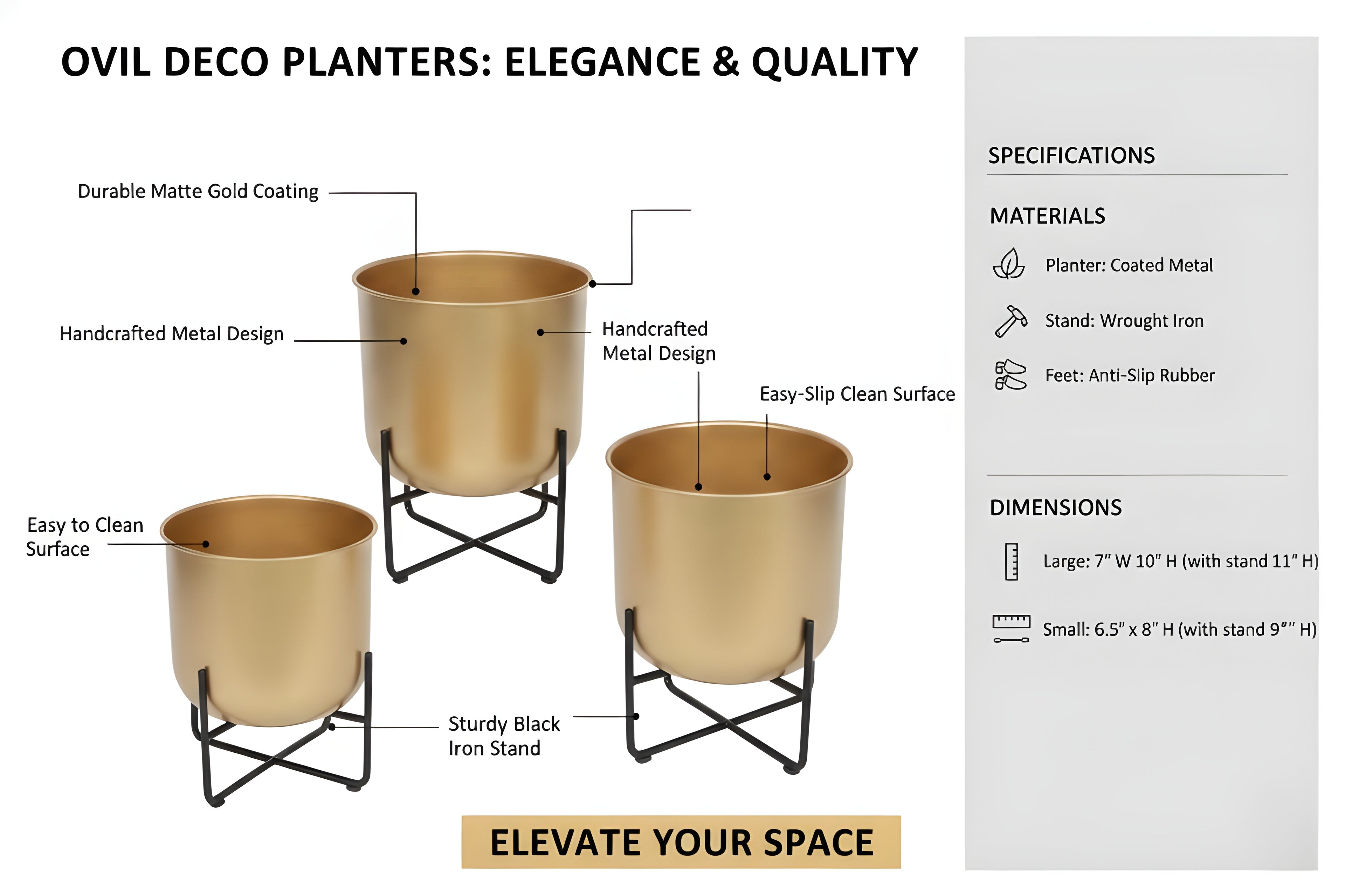 Elegant metal planter set with a modern gold finish