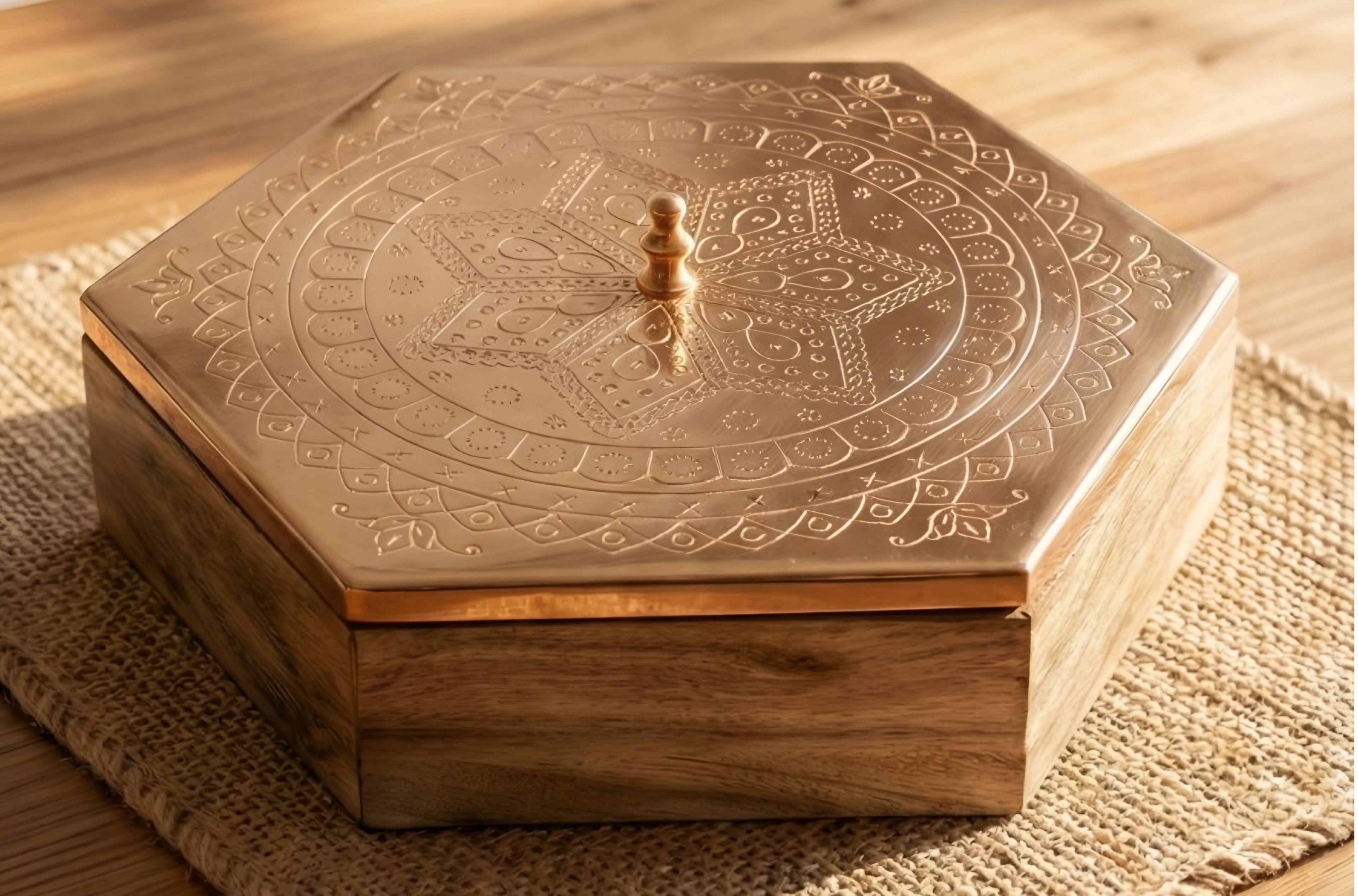 Wooden Masala Box with Engraved Lid | Handcrafted Hexagonal Spice Box for Indian Kitchen | Premium Masala Dabba for Dry Spices & Condiments