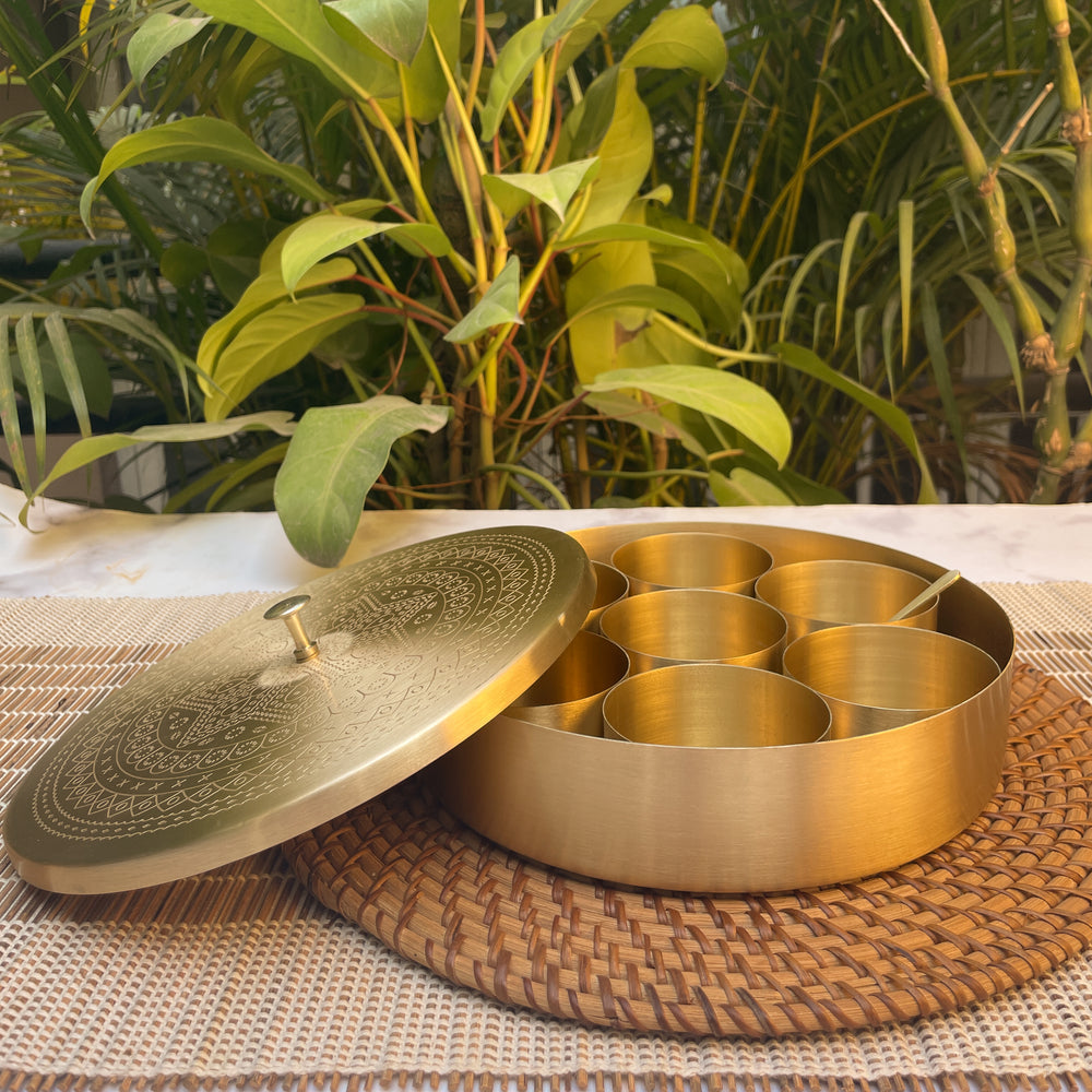 OVIL DECO Brass Spice Chest Masala Daani - Mandala Pattern - 8 Inches