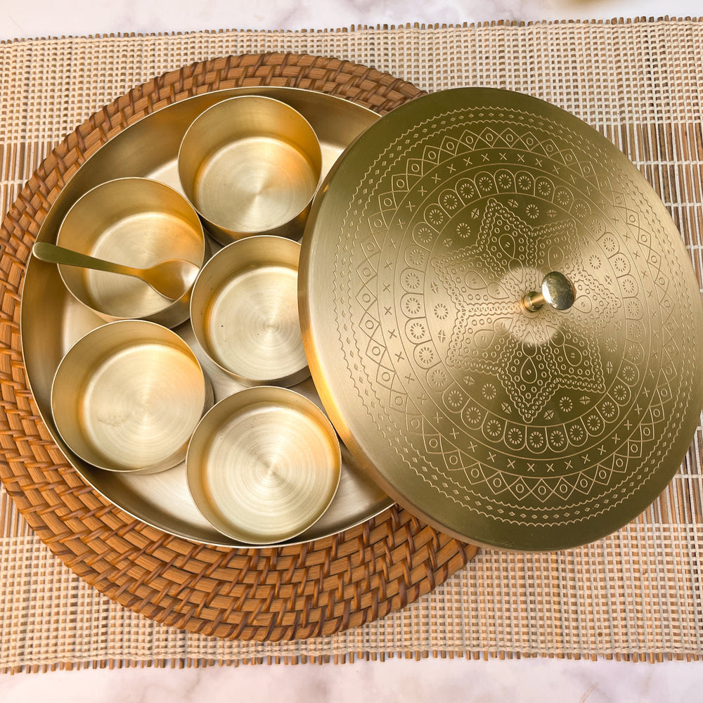OVIL DECO Brass Spice Chest Masala Daani - Mandala Pattern - 8 Inches