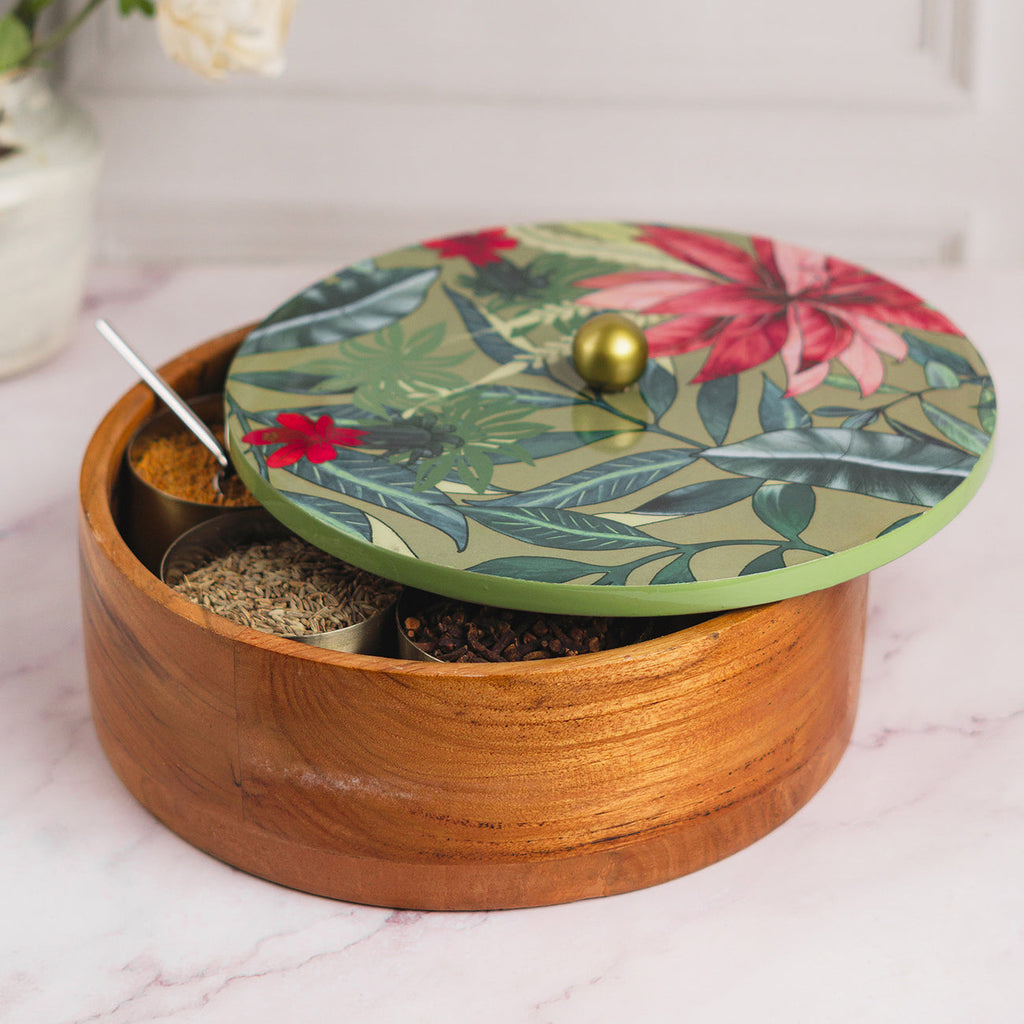 OVIL DECO Allure Teak Wood Masala Box - Green