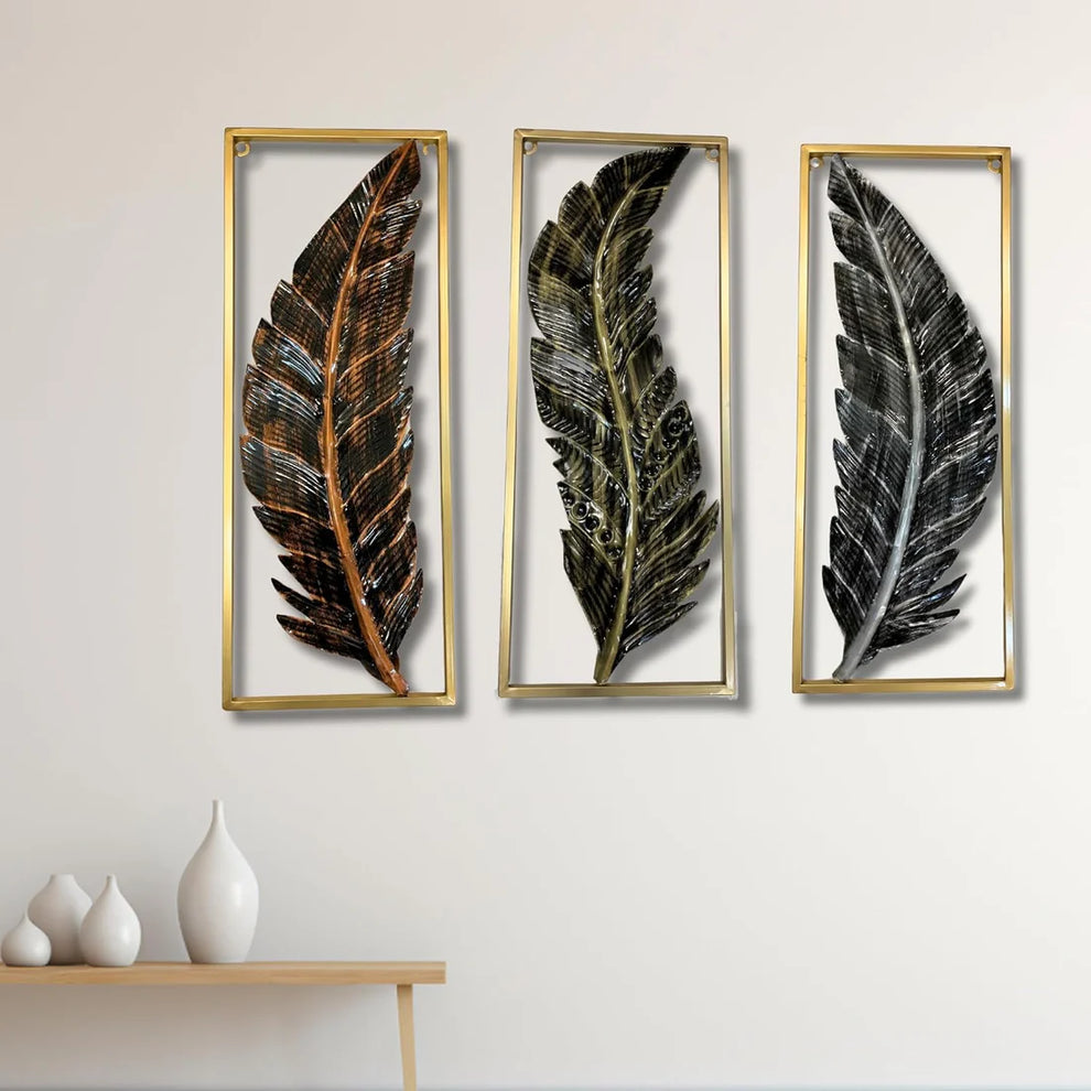 Metal Frame Leaf Set of 3 Wall Art Decorations