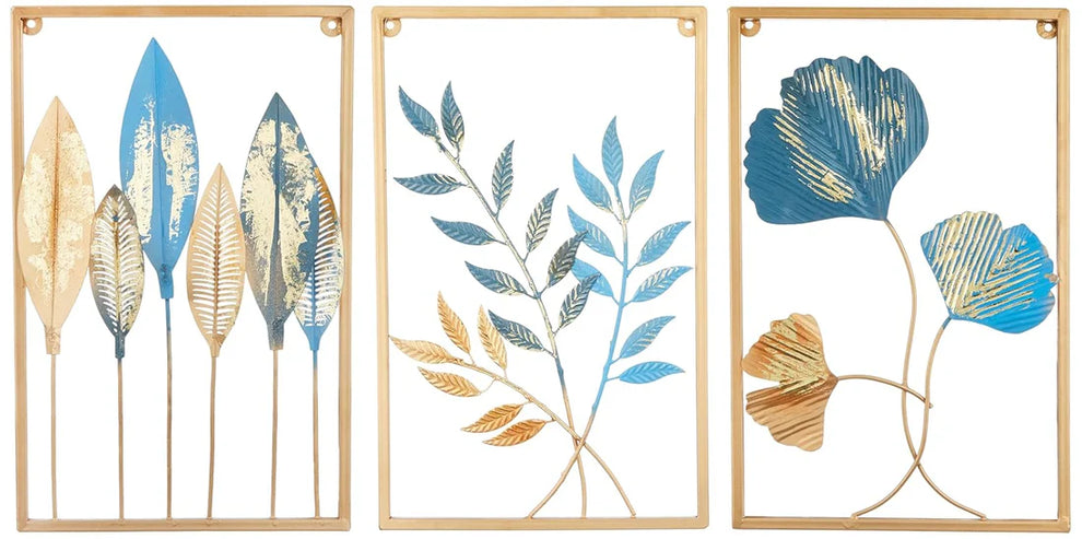 Gold Color Metal Wall Decor Leaf Wall Hanging Decoration, Set of 3 Metal Wall