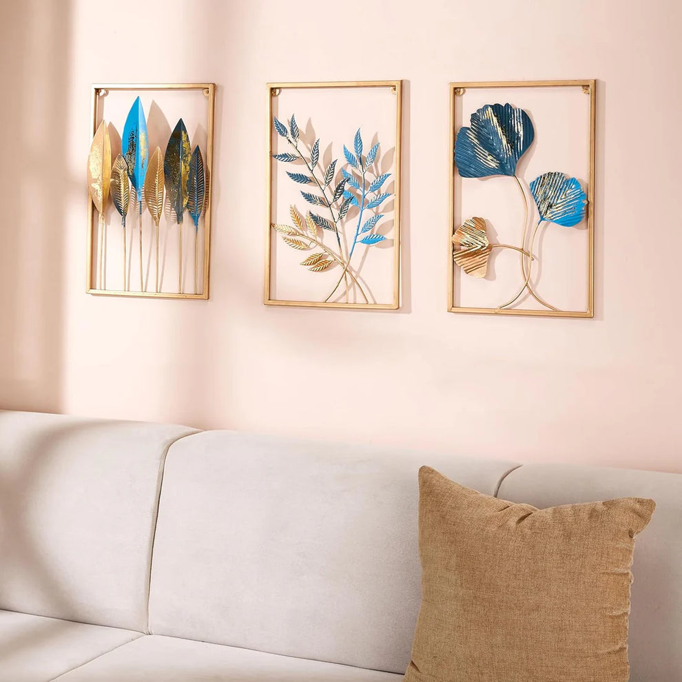 Gold Color Metal Wall Decor Leaf Wall Hanging Decoration, Set of 3 Metal Wall