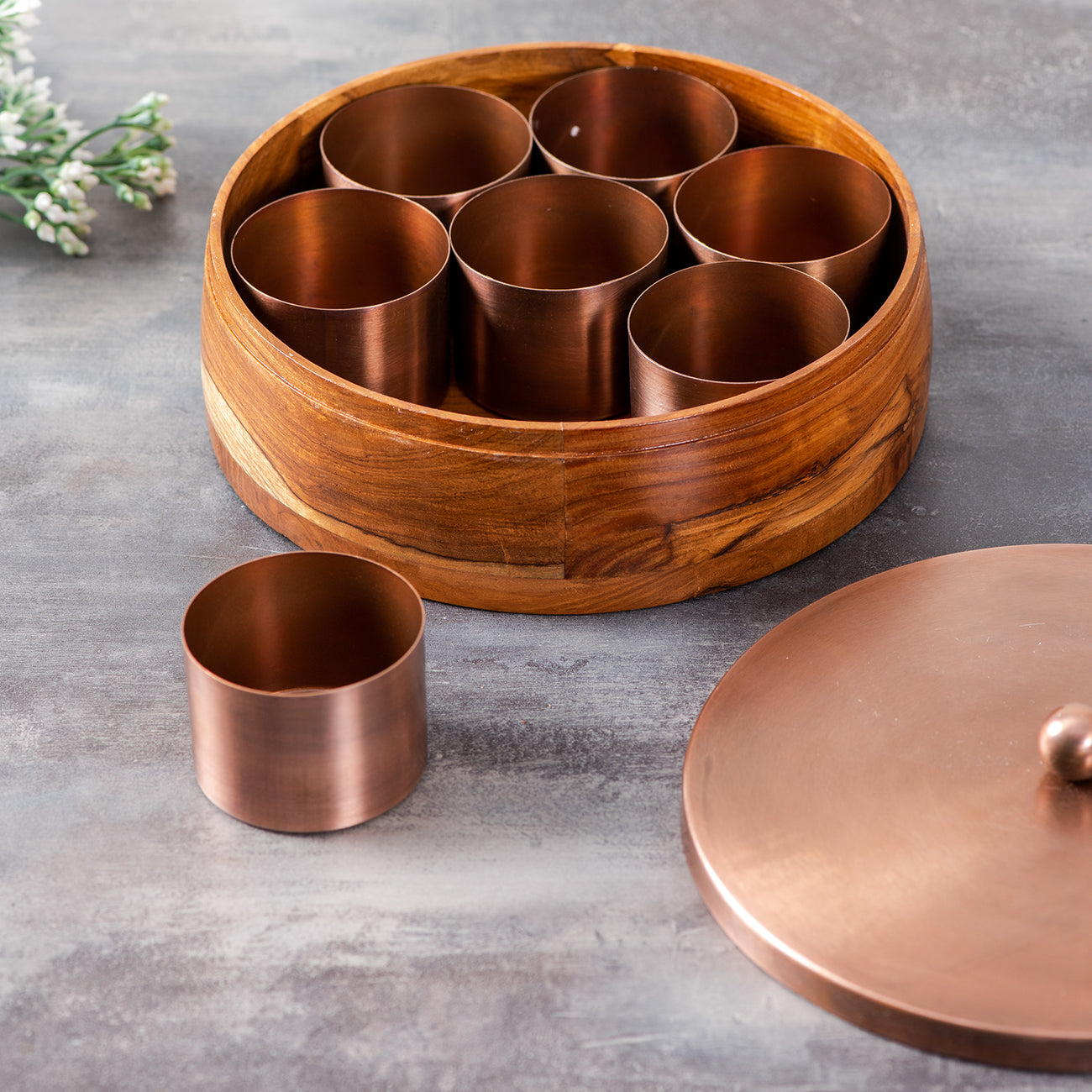 OVIL DECO Classic Acacia Wood Masala Box - Copper