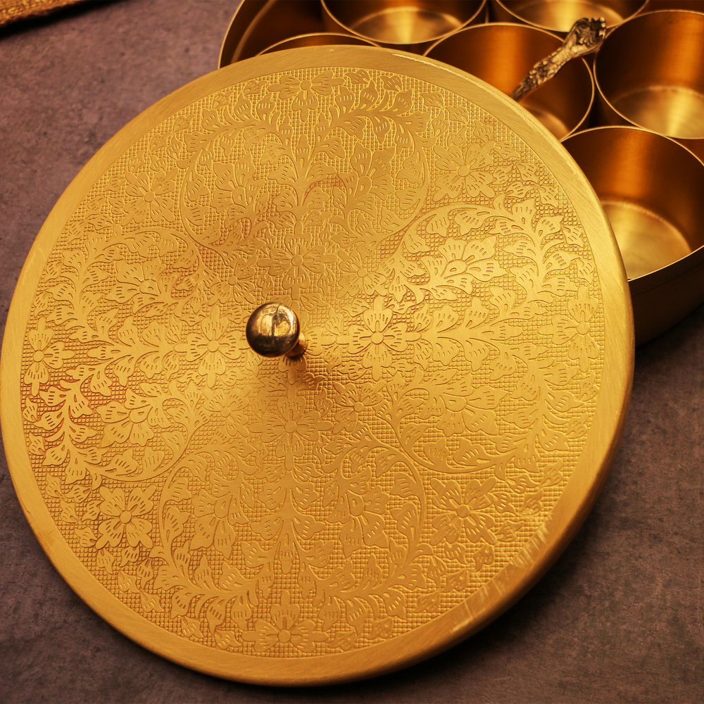 OVIL DECO Intricately Etched Brass Spice Chest Masala Daani (7 Containers) - Medium