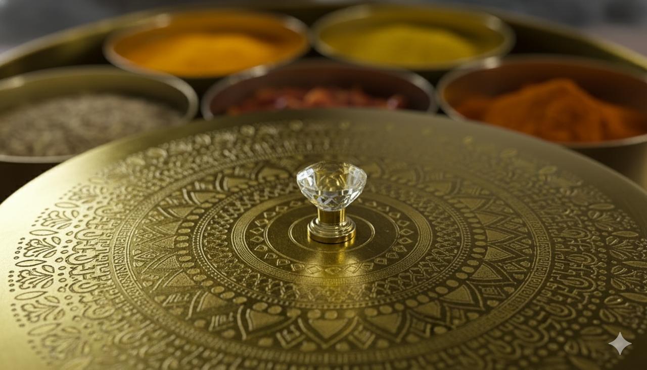 OVIL DECO Tao Hand-Etched Brass Masala Box - 100 ML