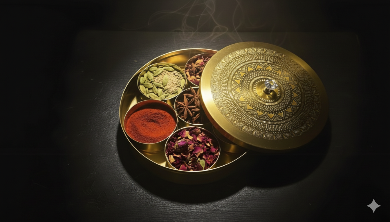 OVIL DECO Tao Hand-Etched Brass Masala Box - 100 ML
