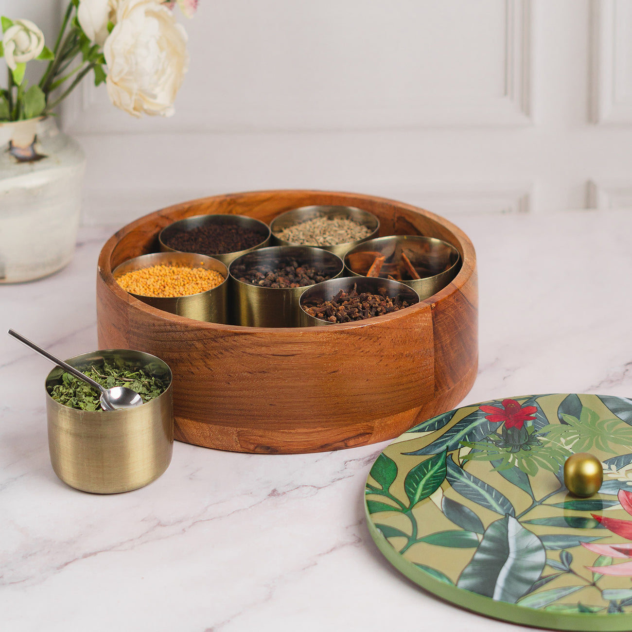 OVIL DECO Allure Teak Wood Masala Box - Green